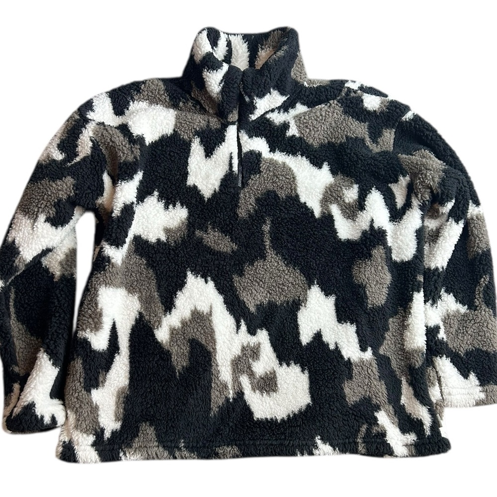 Eddie Bauer Women’s Sherpa Fleece Pullover‎ XL Black Gray White Camo Cozy Warm